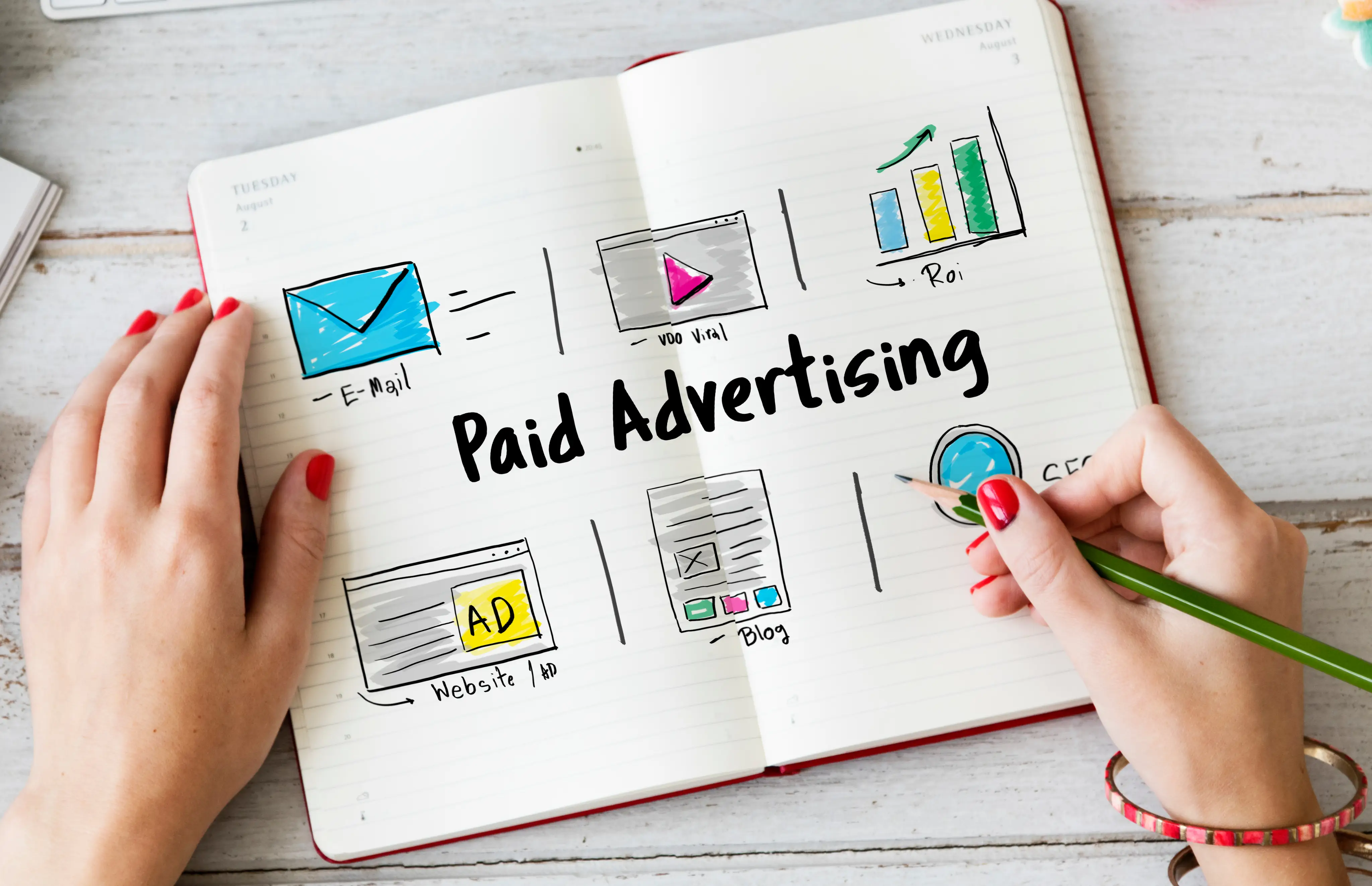 Paid advertising strategy sketched in a notebook