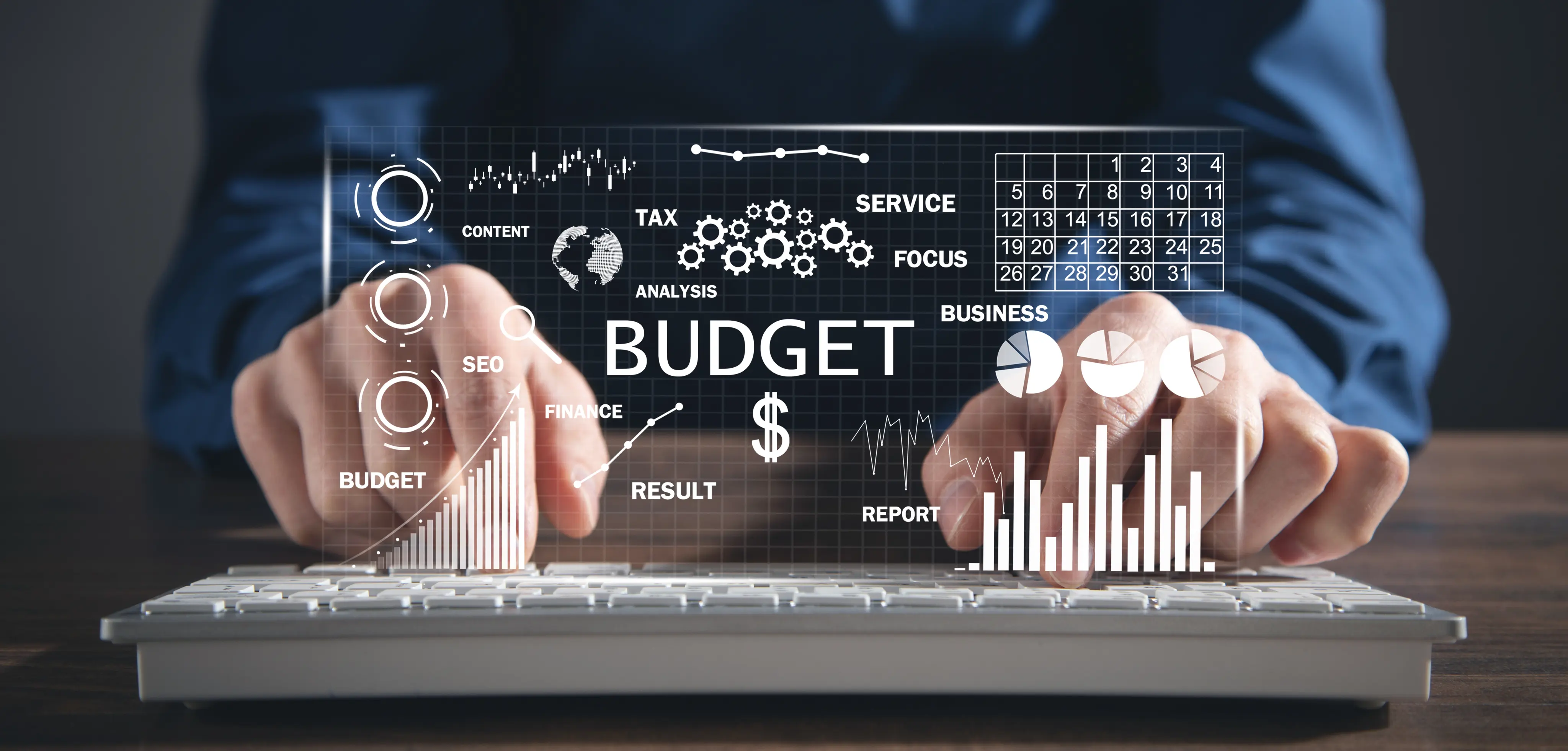 Hands typing on a keyboard with budget and ROI overlays