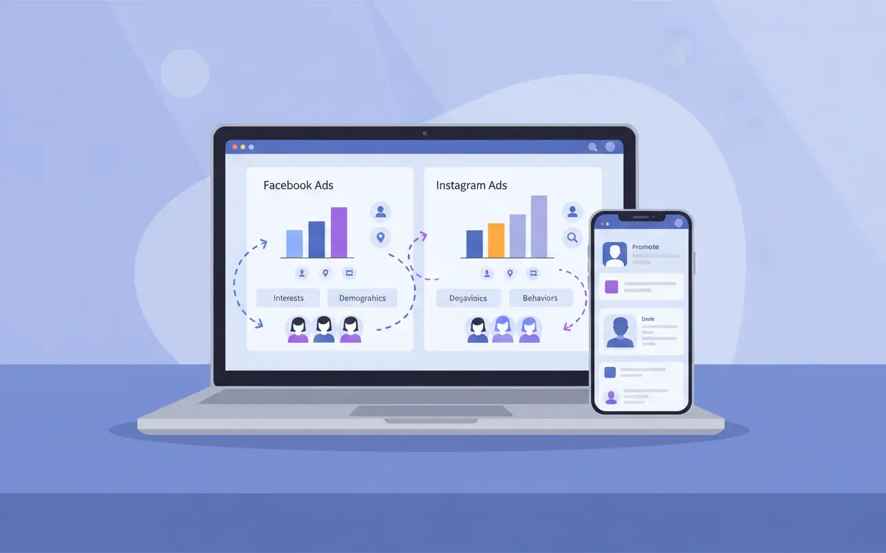 Laptop and phone displaying Facebook and Instagram ad interfaces