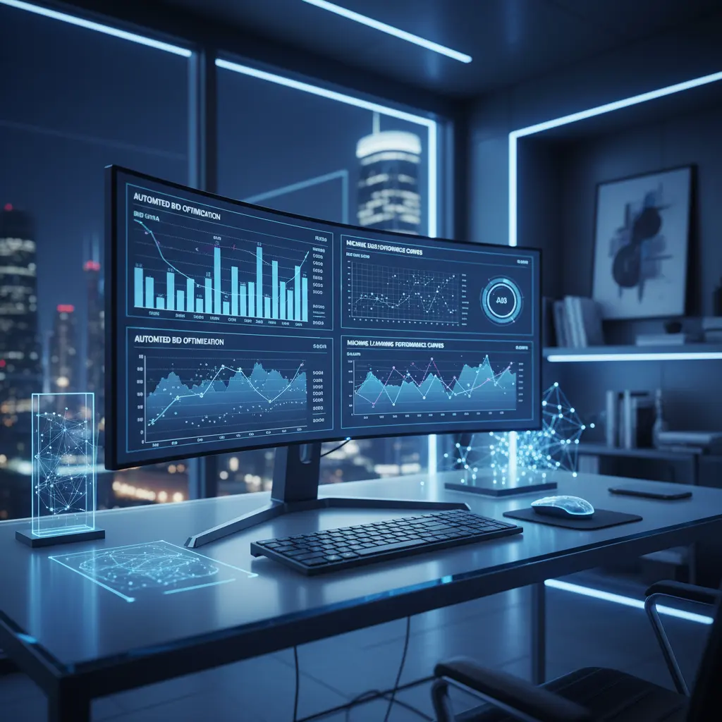 Dual monitors showing AI-assisted PPC analytics and optimization