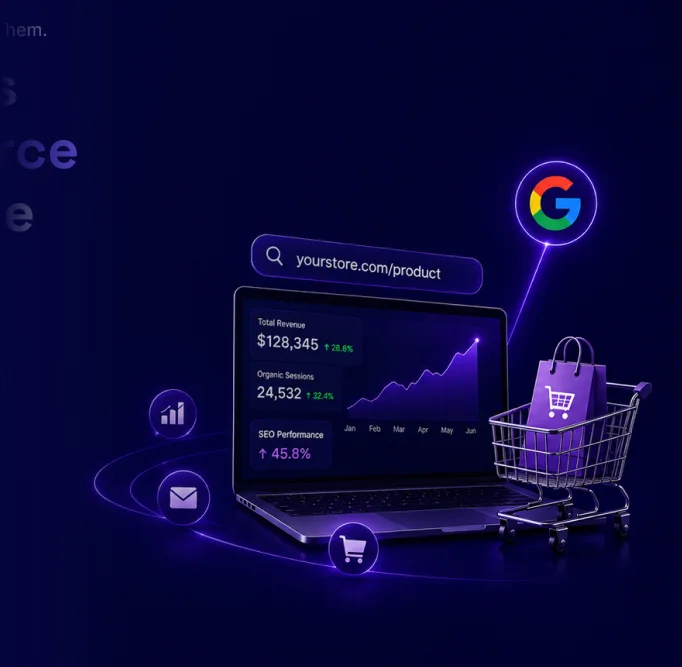eCommerce SEO dashboard showing organic traffic, revenue, and product search visibility