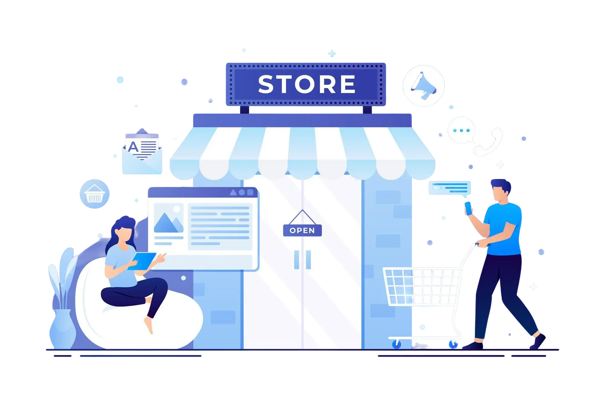 Illustrated online store representing ecommerce SEO growth and shopping
