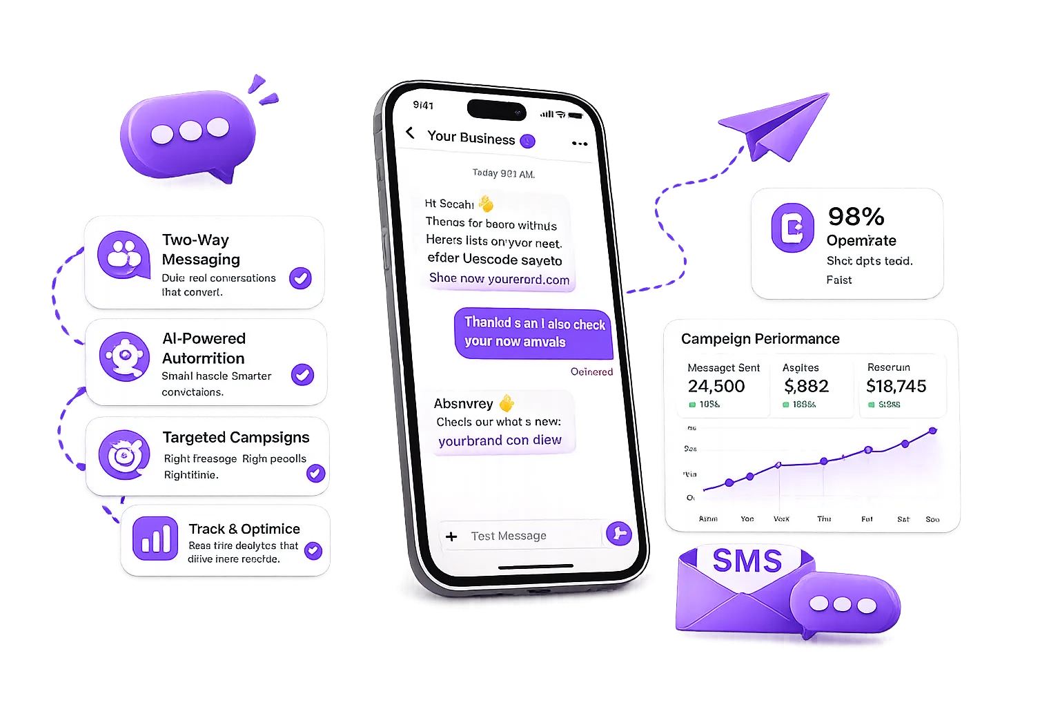 SMS marketing dashboard with phone mockup, campaign performance, and 98% open rate